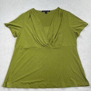 VTG Briggs new york Leaf Green V-neck short sleeve top 1X Stretch Y2K Pleated